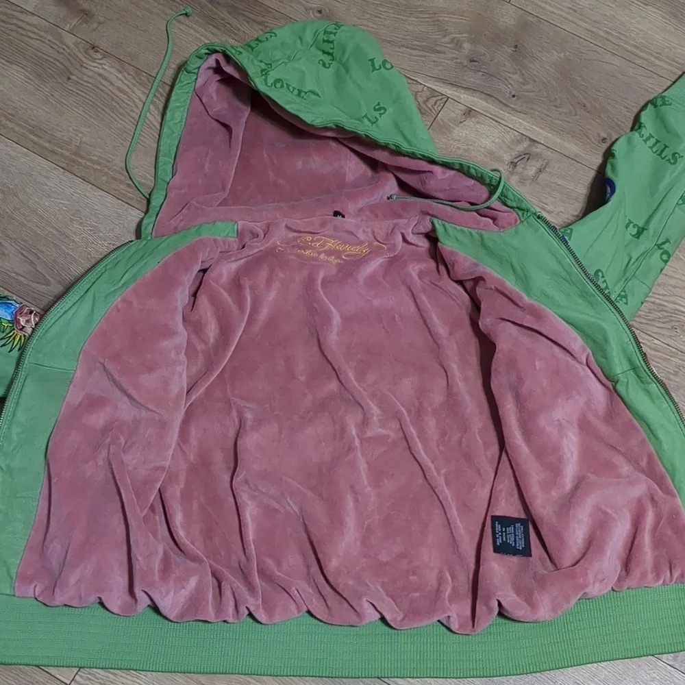 Ed Hardy by Christian Audigier Green Pink Leather Jacket hoodie Women's Medium